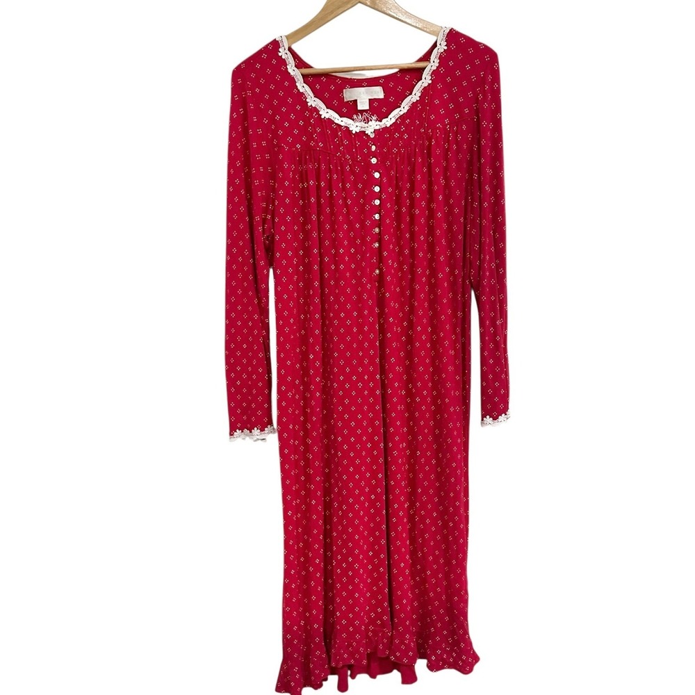 Eileen West Red Diamond Dot Modal Nightgown Long Sleeve Lace Trim Size L
